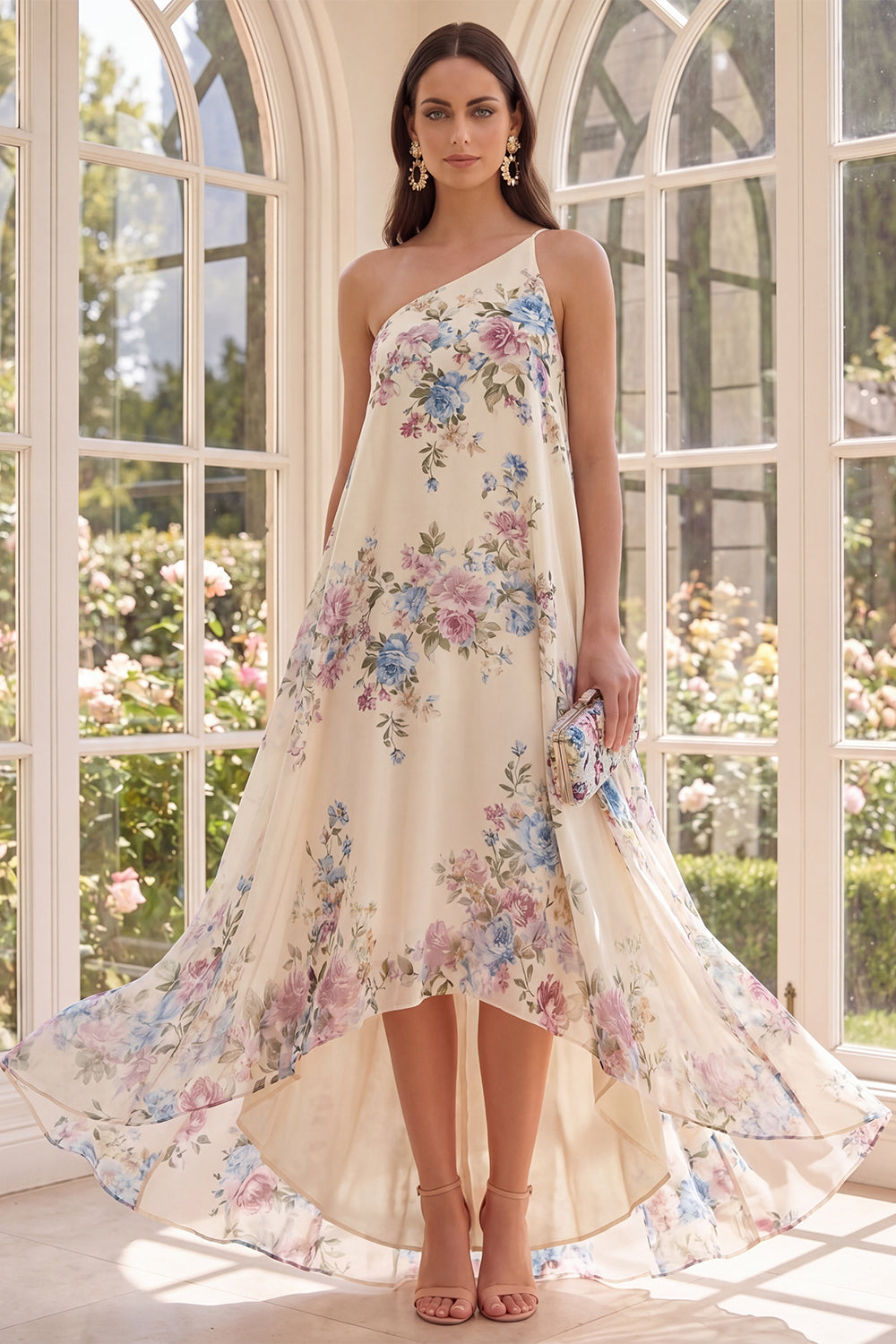 Robe trapèze asymétrique à fleurs, couleur abricot, pour la plage