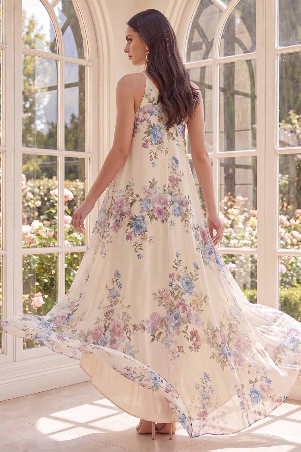 Robe trapèze asymétrique à fleurs, couleur abricot, pour la plage