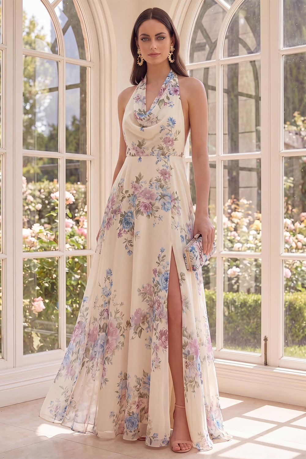 Halter Backless Apricot Floral A-Line Maxi Beach Dress with Slit