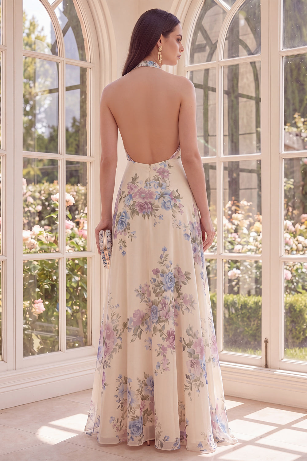 Halter Backless Apricot Floral A-Line Maxi Beach Dress with Slit