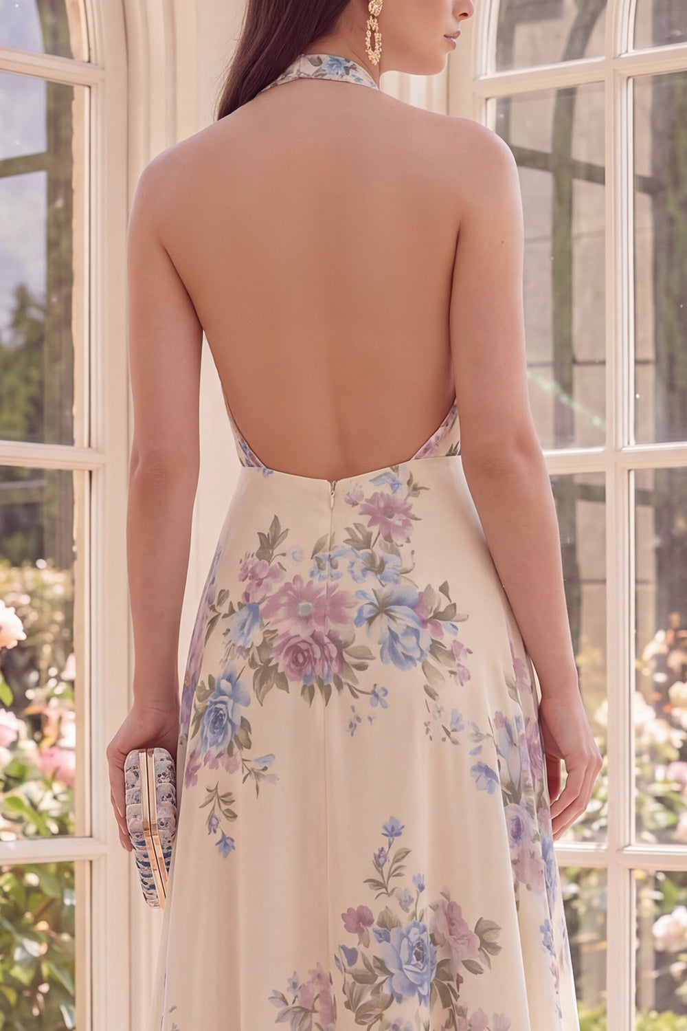 Halter Backless Apricot Floral A-Line Maxi Beach Dress with Slit