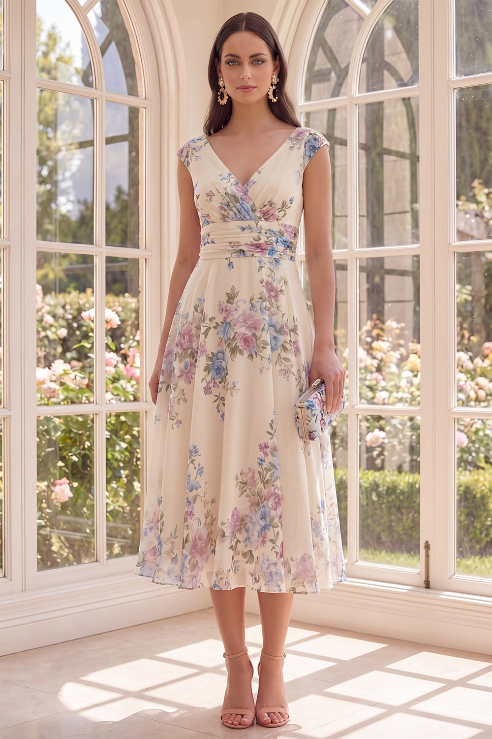 Ruched Apricot V-Neck Floral A-Line Beach Midi Dress