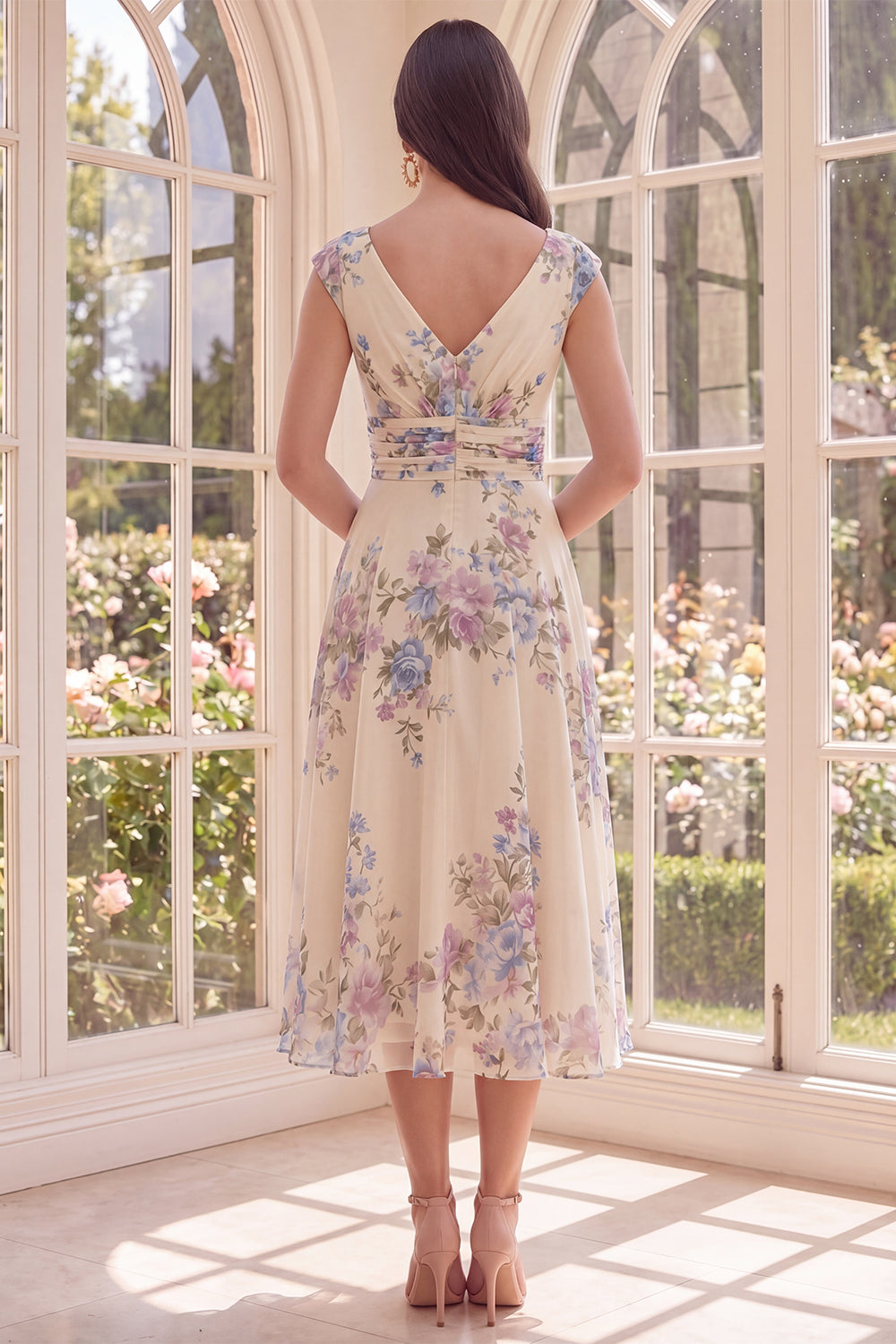 Ruched Apricot V-Neck Floral A-Line Beach Midi Dress