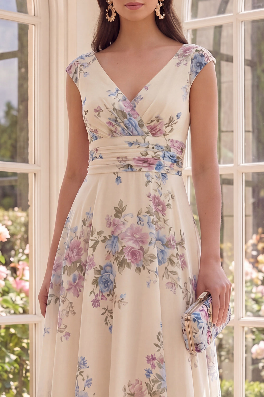 Ruched Apricot V-Neck Floral A-Line Beach Midi Dress