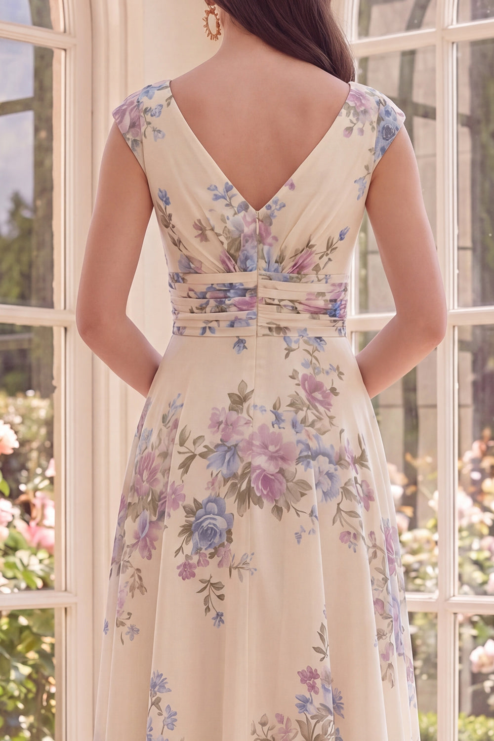 Ruched Apricot V-Neck Floral A-Line Beach Midi Dress