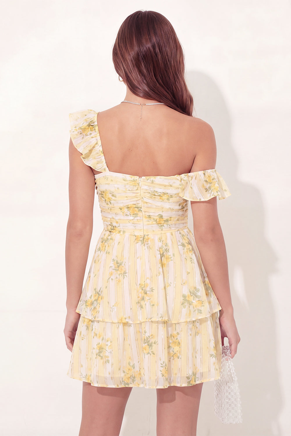 Robe de bal de fin d'études jaune à fleurs à volants et fronces coupe évasée
