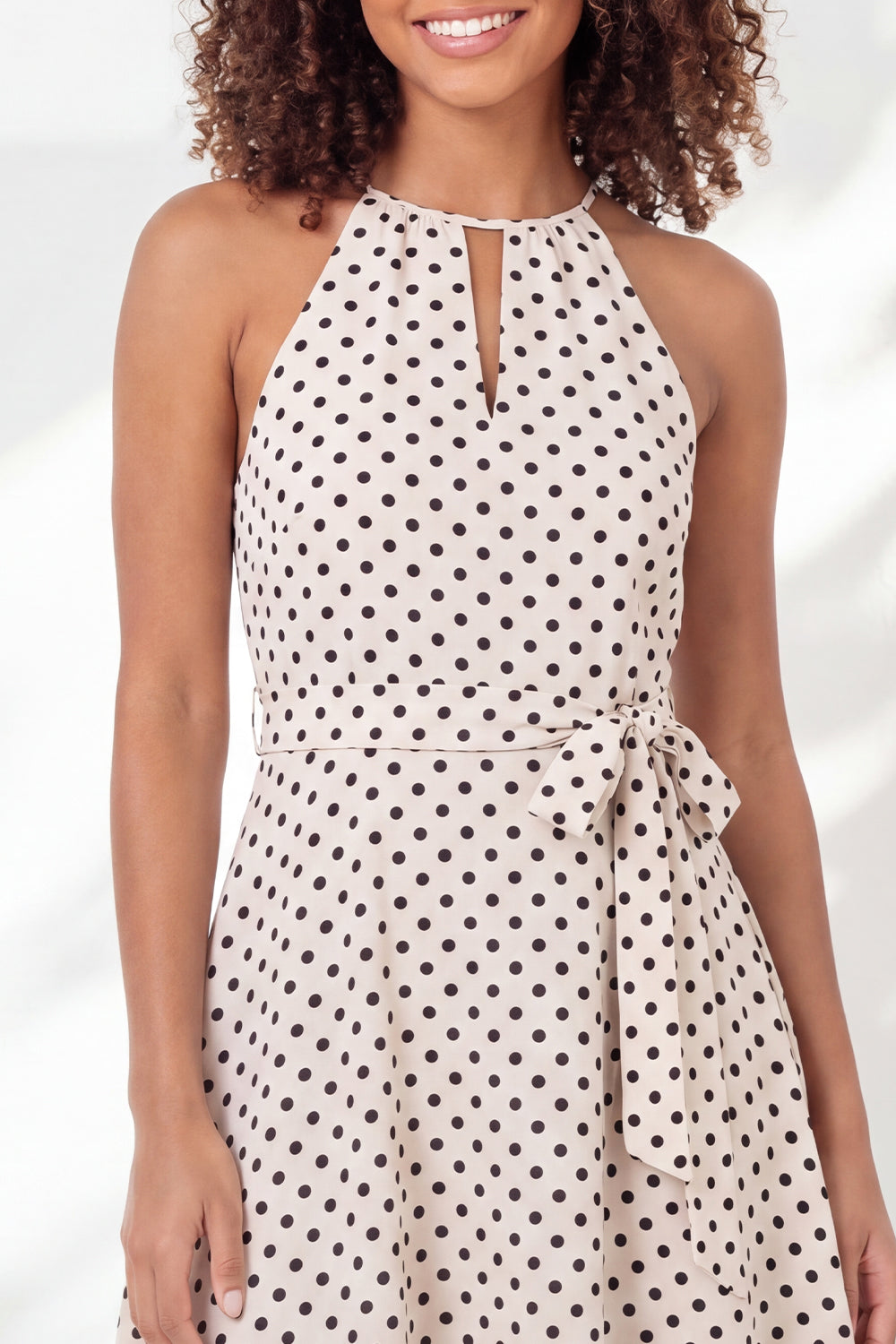 White Black Dot A-Line Halter Neck Mini Graduation Dress with Belt
