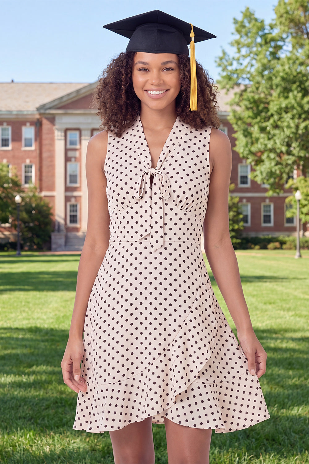 White Black Dot A-Line V-Neck Mini Graduation Dress with Ruffles