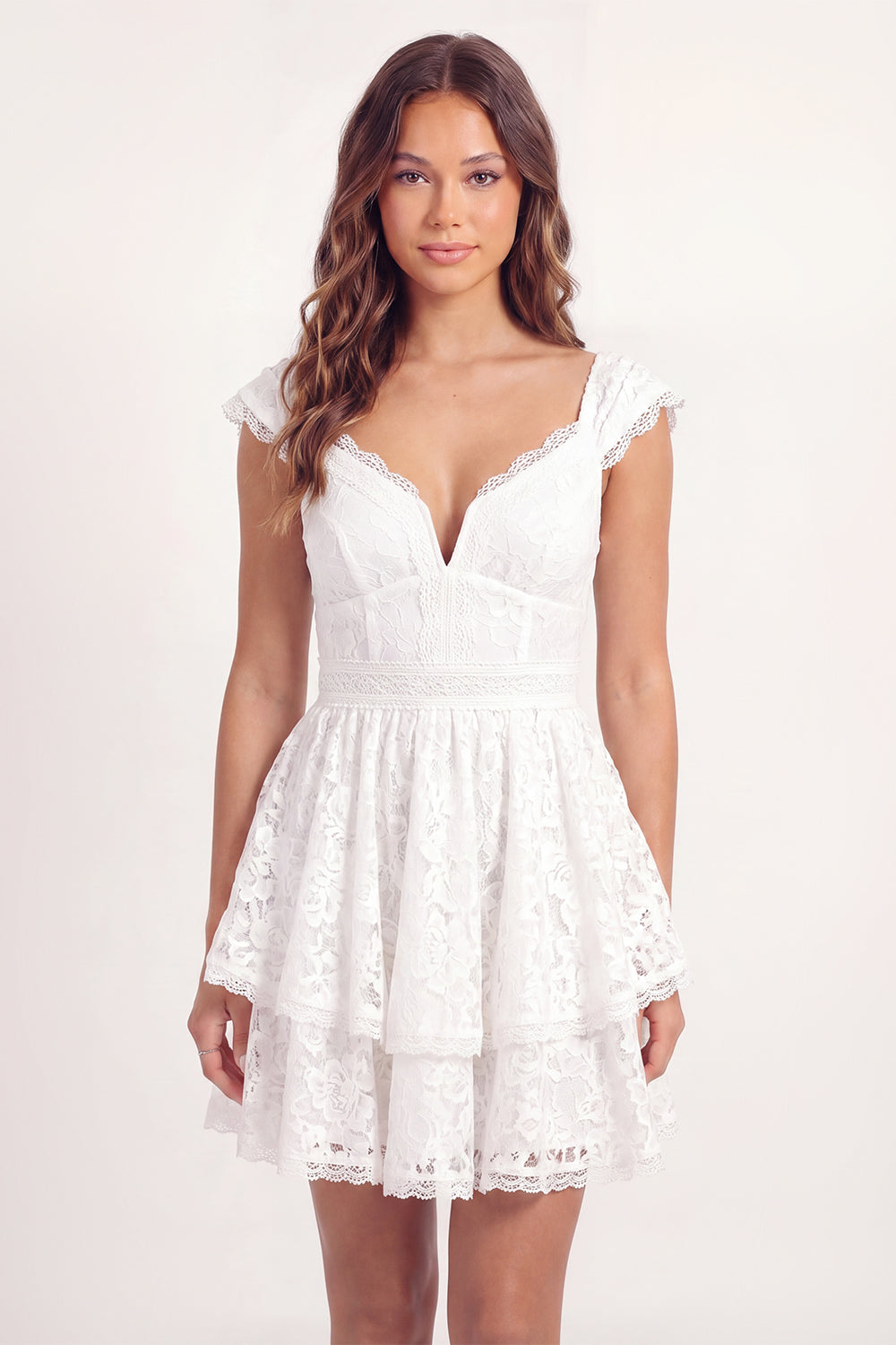 White Lace A-Line V-Neck Mini Graduation Dress with Cap Sleeves