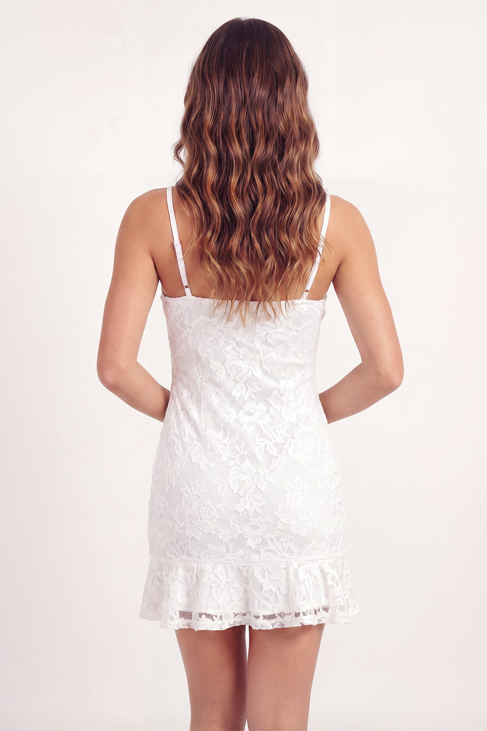 White Lace Bodycon Spaghetti Straps Mini Graduation Dress with Ruffles
