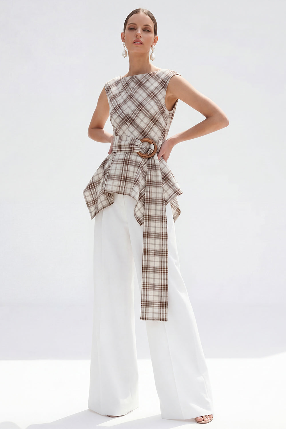 Brown Grid 2-Piece Bateau Neck Women Suits