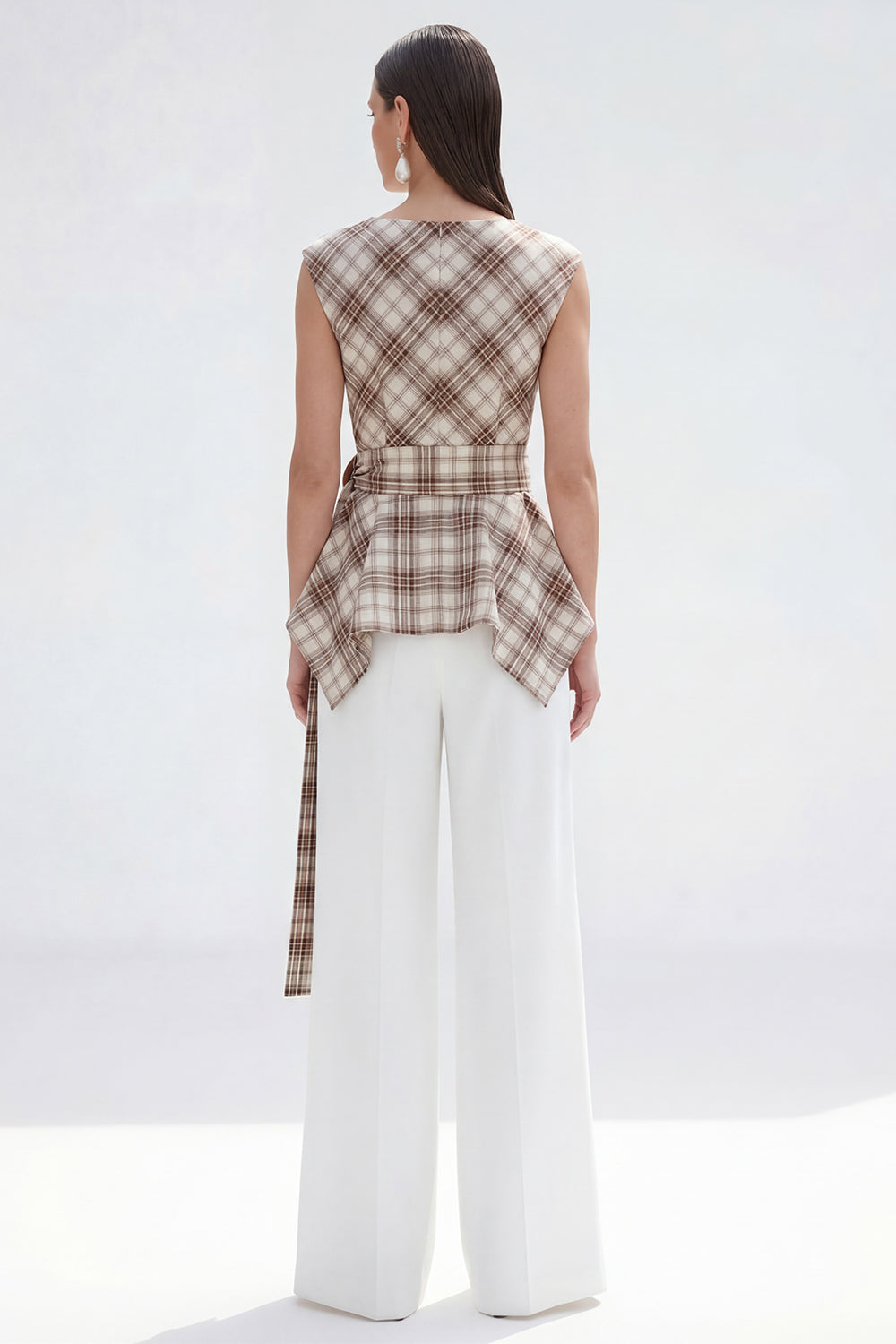 Brown Grid 2-Piece Bateau Neck Women Suits