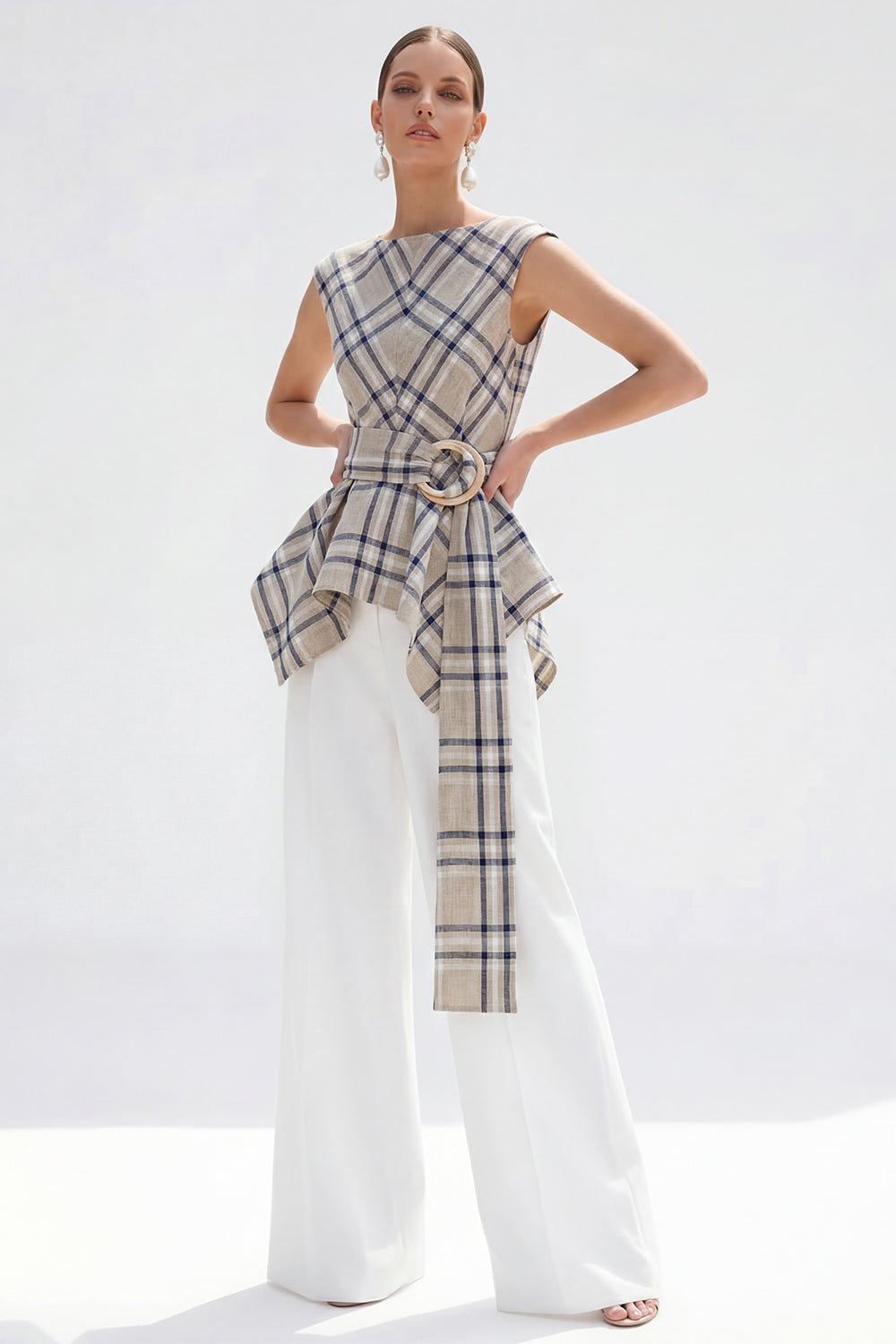Brown Grid 2-Piece Bateau Neck Women Suits