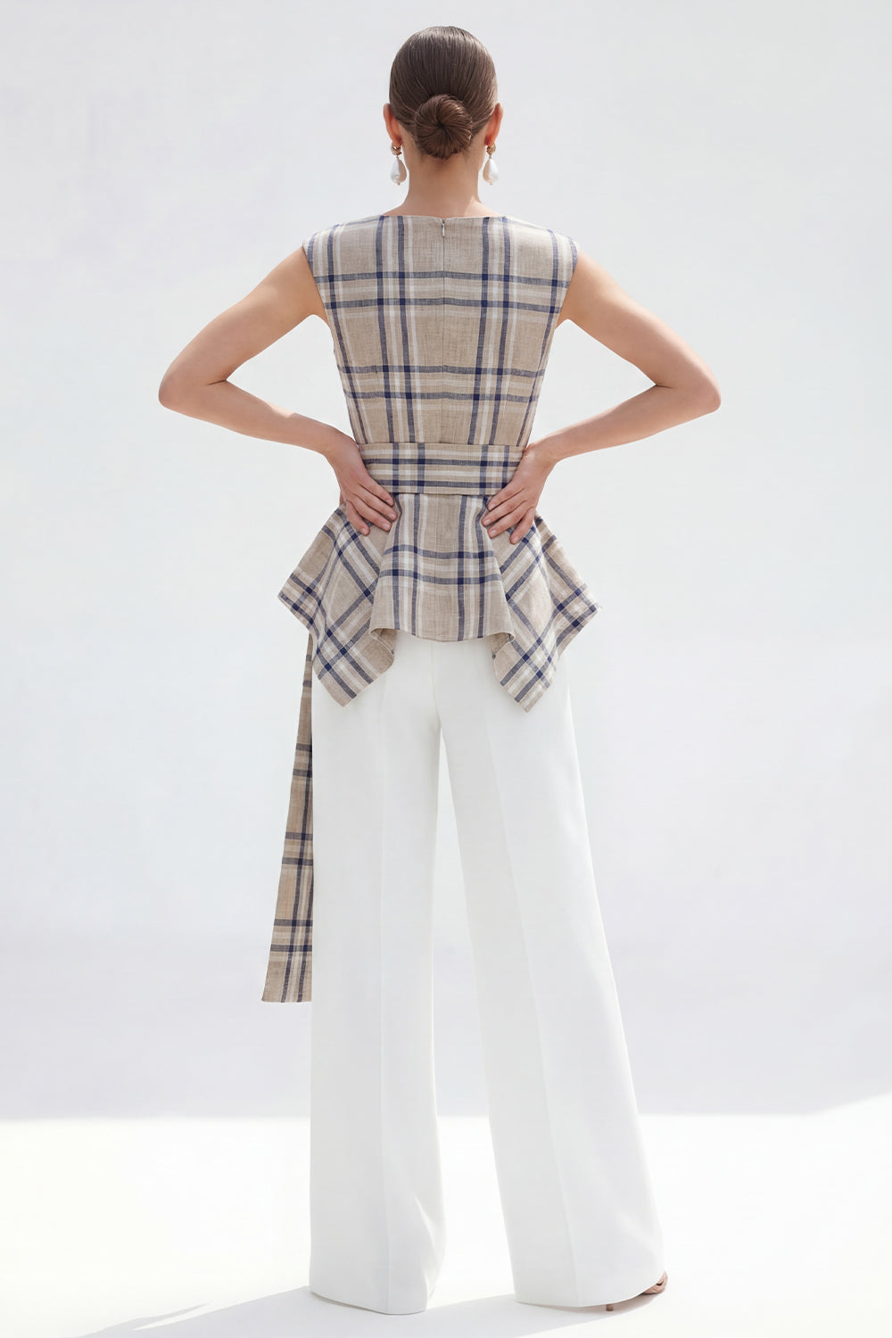 Brown Grid 2-Piece Bateau Neck Women Suits