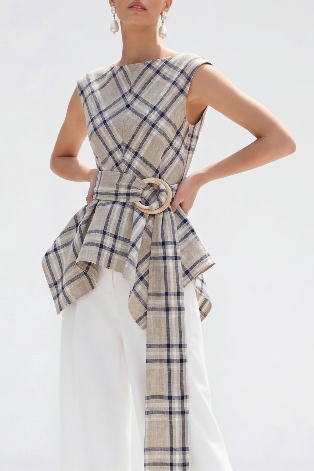 Brown Grid 2-Piece Bateau Neck Women Suits