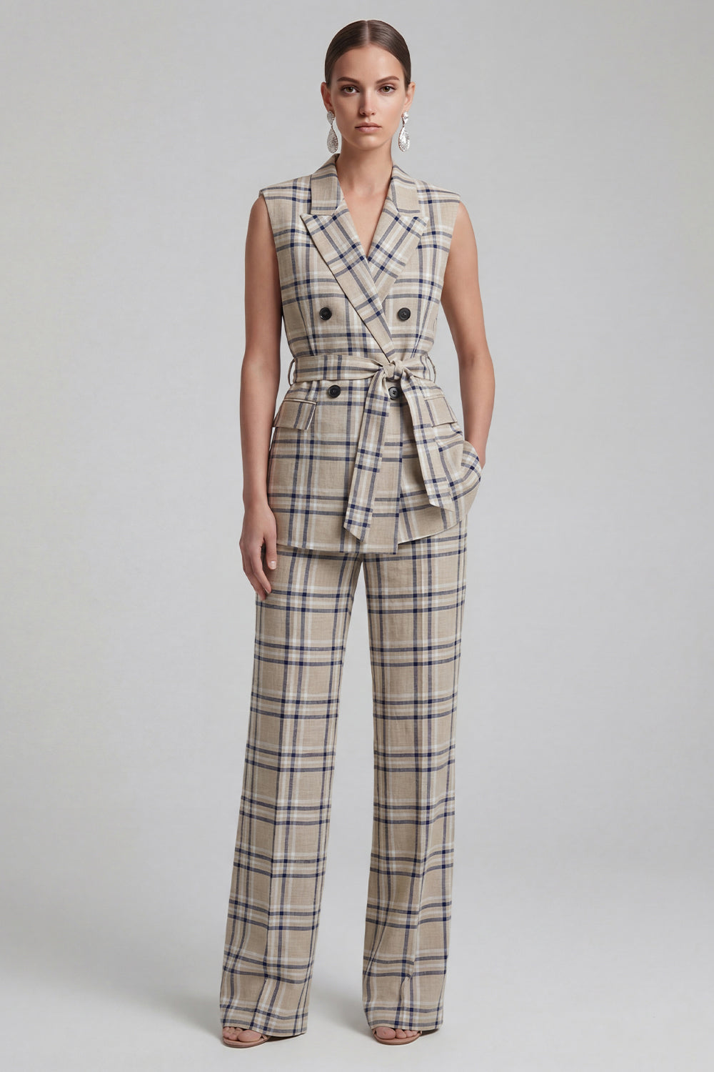 2-Piece Grey Grid Peak Lapel Double Breasted Women's Suits