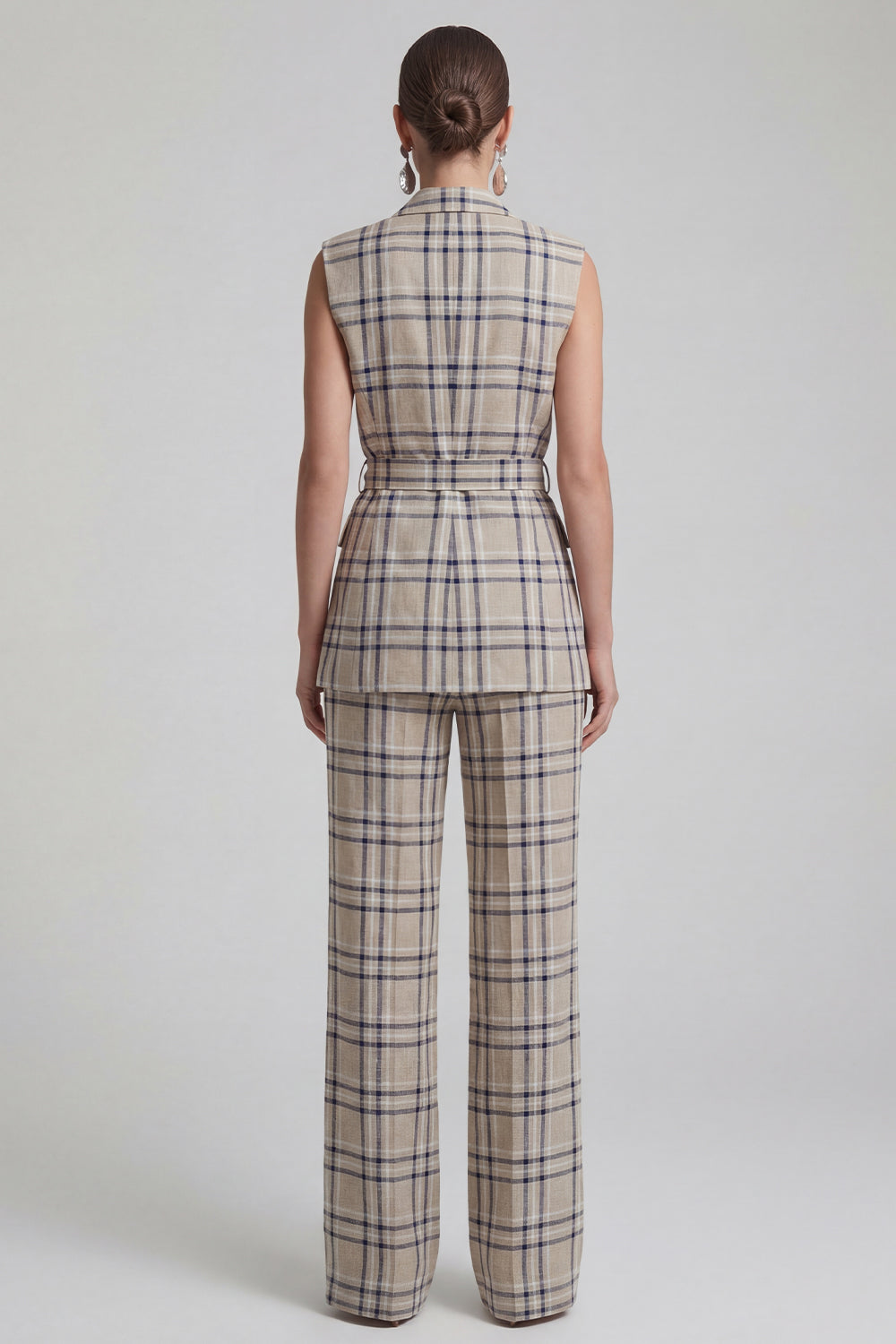 2-Piece Grey Grid Peak Lapel Double Breasted Women's Suits