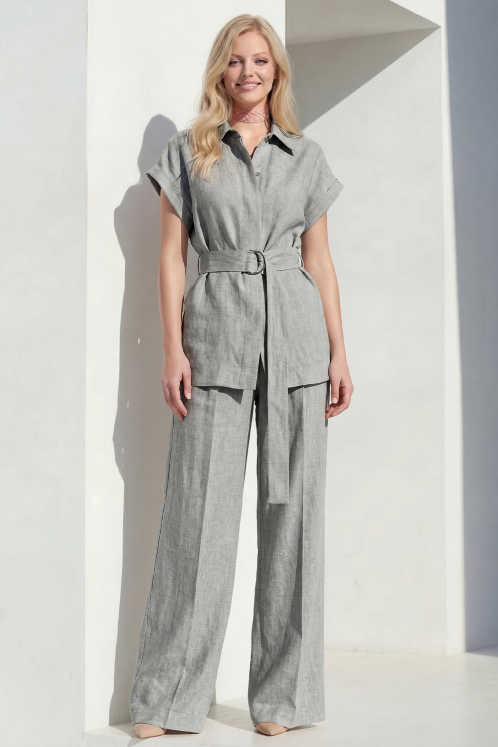 Grey Peak Lapel 2-Piece Women Suits with Belt