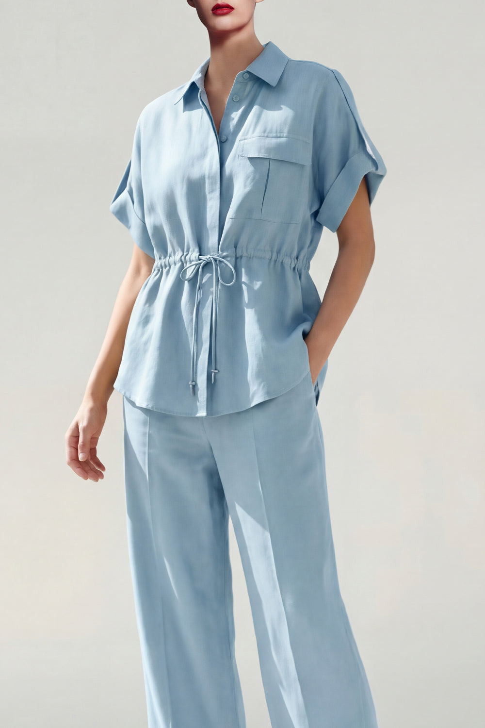 Blue Collared 2-Piece Women Suits with Pockets