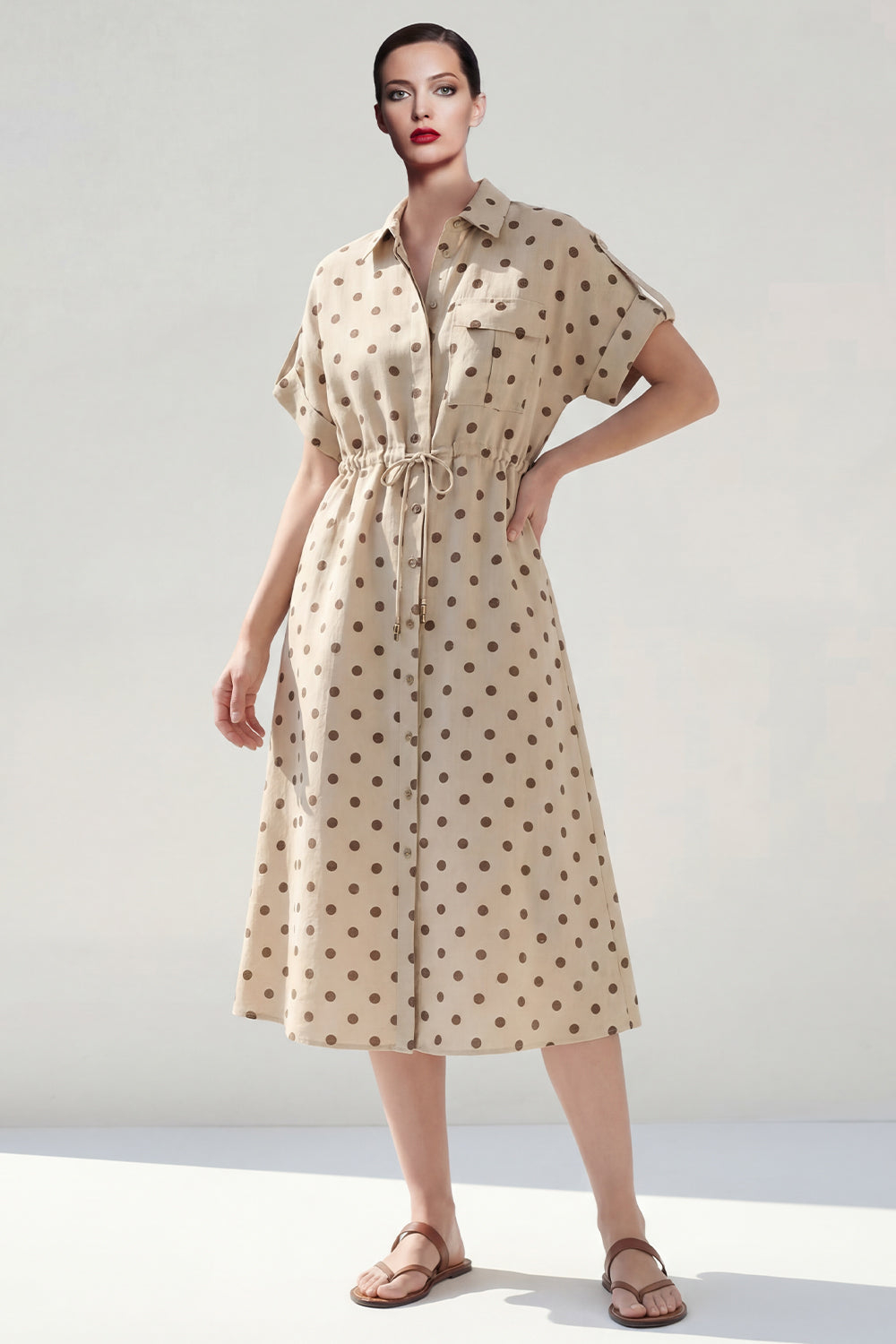 Khaki Polka Dots A Line Collared Midi Work Dress