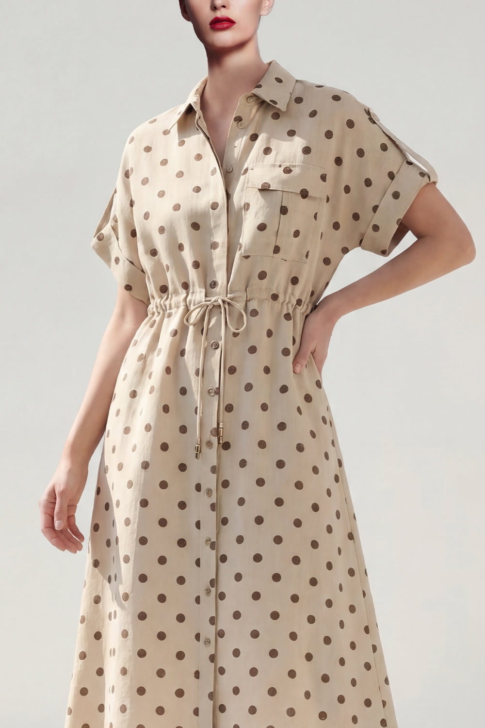 Khaki Polka Dots A Line Collared Midi Work Dress