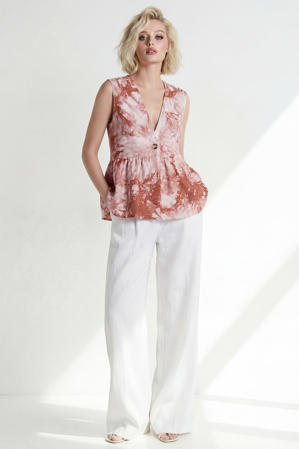 Pink One Button 2-Piece V Neck Printed Women Suits