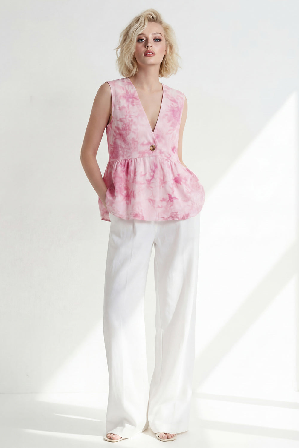 Pink One Button 2-Piece V Neck Printed Women Suits