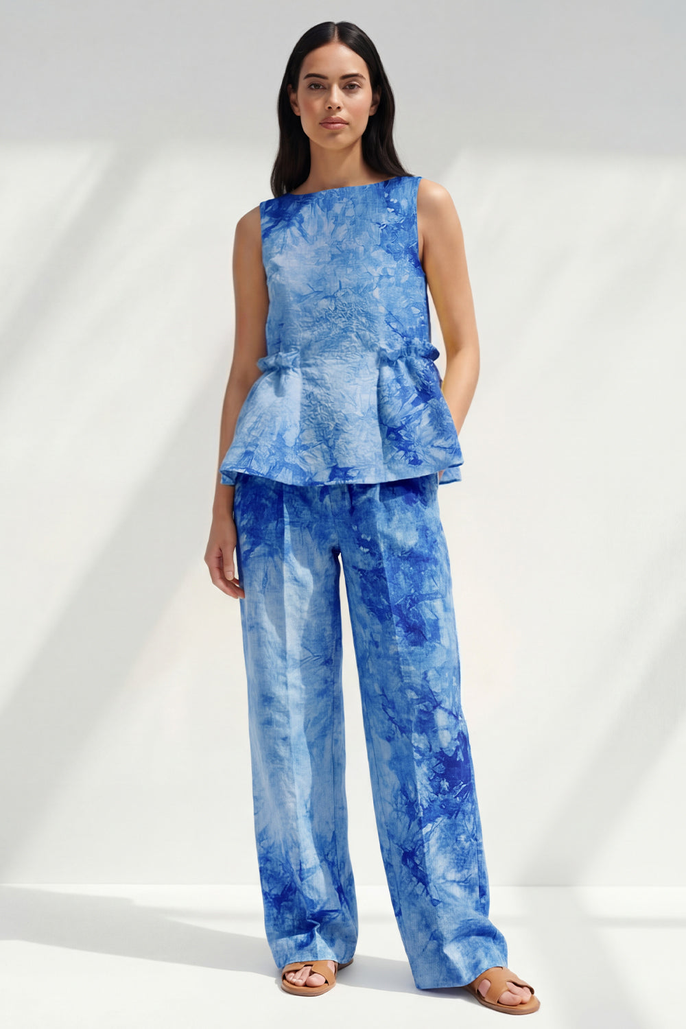 Blue 2 Piece Ruffled Bateau Neck Printed Business Suits with Pockets