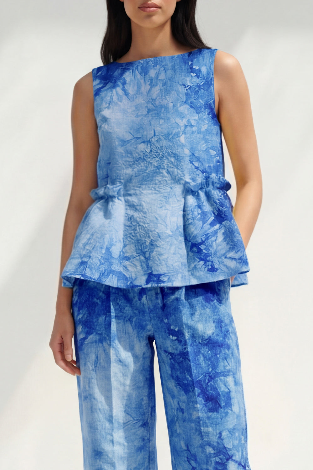 Blue 2 Piece Ruffled Bateau Neck Printed Business Suits with Pockets