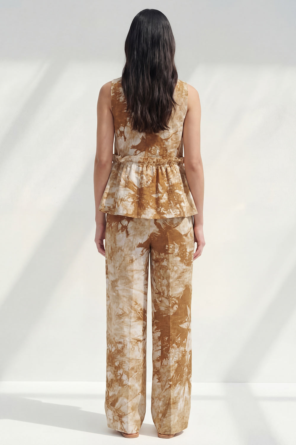 Blue 2 Piece Ruffled Bateau Neck Printed Business Suits with Pockets