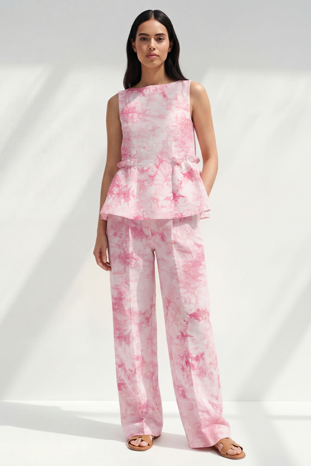 Blue 2 Piece Ruffled Bateau Neck Printed Business Suits with Pockets