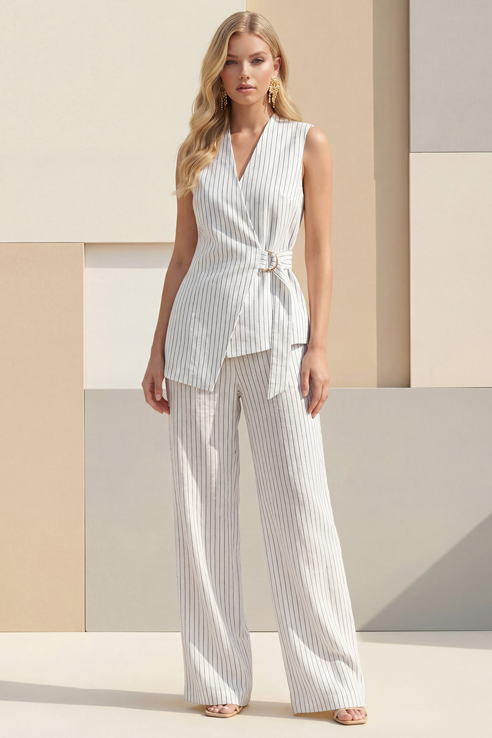 Costume business 2 pièces avec revers châle blanc, rayures et pantalon large avec ceinture