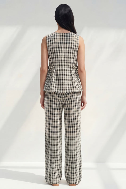2 Piece Black and White Grid Boat Neck Ruffled Striped Slim Fit Business Suits
