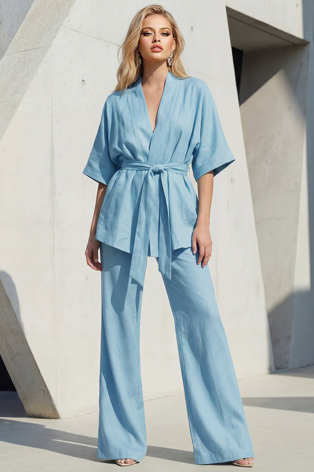 Blue V-Neck Short Sleeve Long Women's Suit with Belt