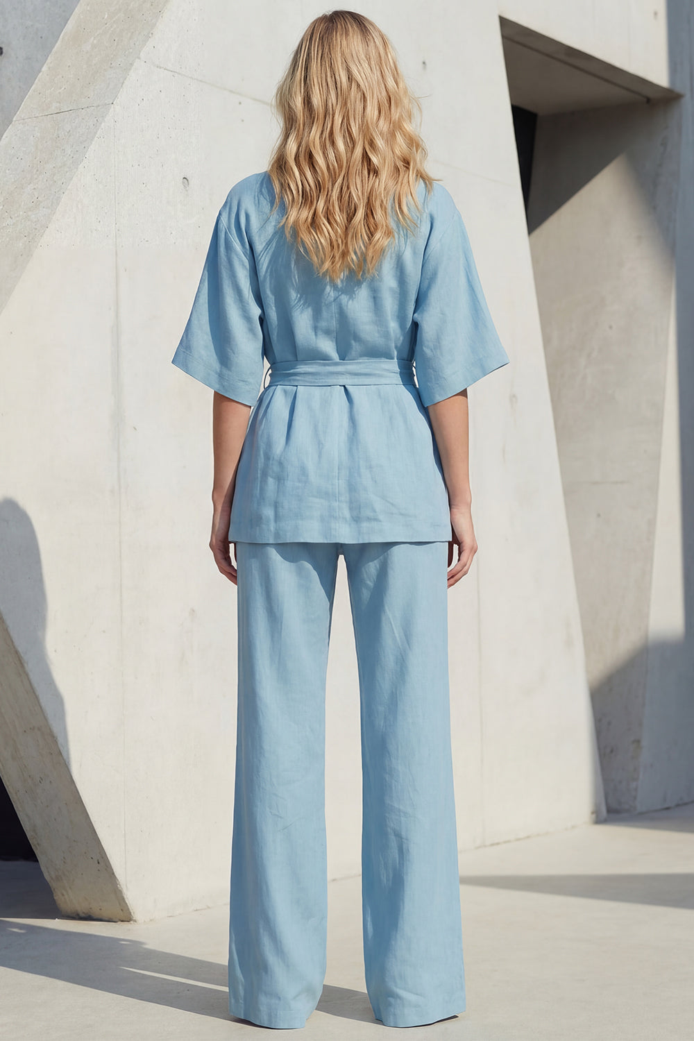 Blue V-Neck Short Sleeve Long Women's Suit with Belt