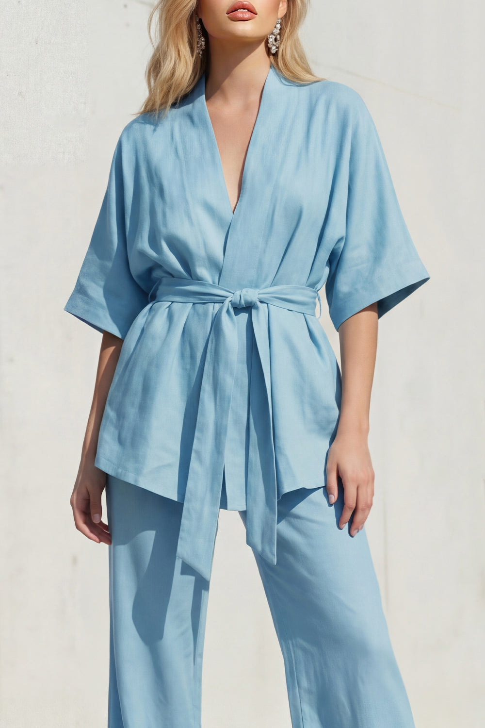 Blue V-Neck Short Sleeve Long Women's Suit with Belt