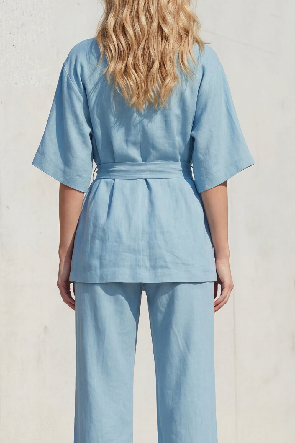 Blue V-Neck Short Sleeve Long Women's Suit with Belt