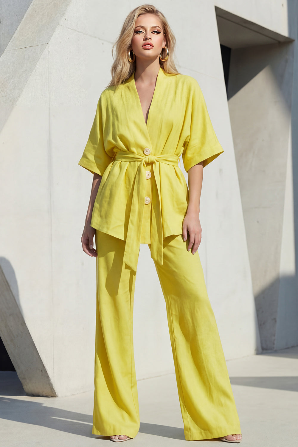 Blue V-Neck Short Sleeve Long Women's Suit with Belt
