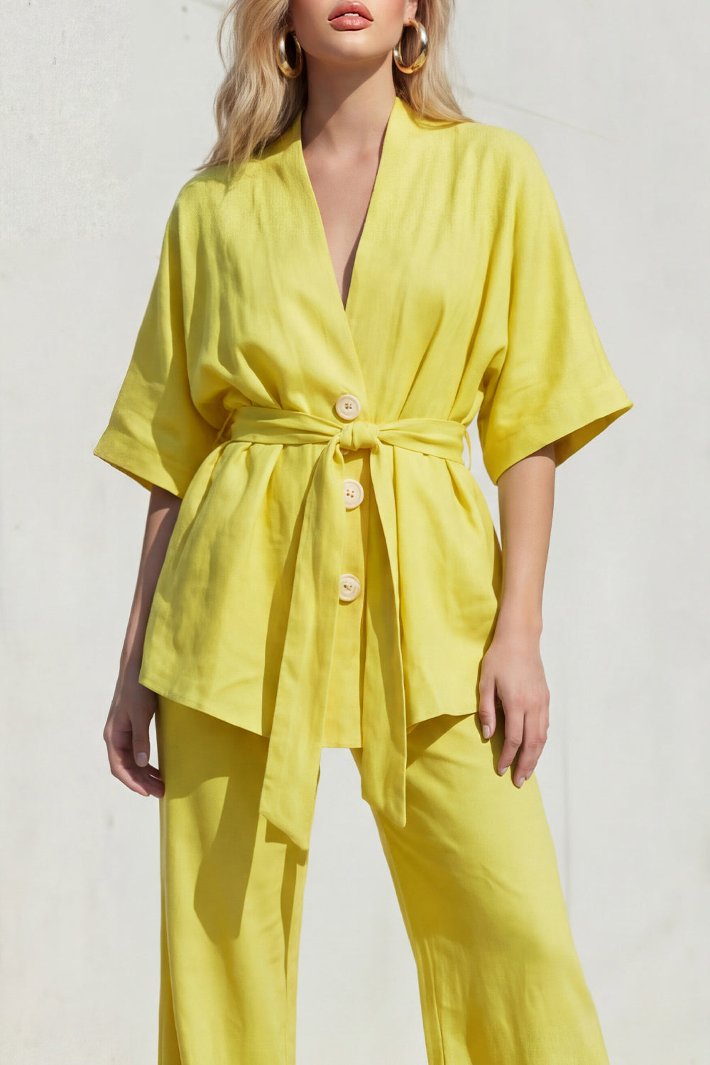 Blue V-Neck Short Sleeve Long Women's Suit with Belt