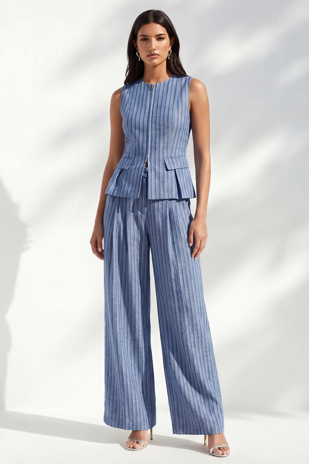 Dark Blue Stripe Crew Neck Slim Fit Long Women Suit