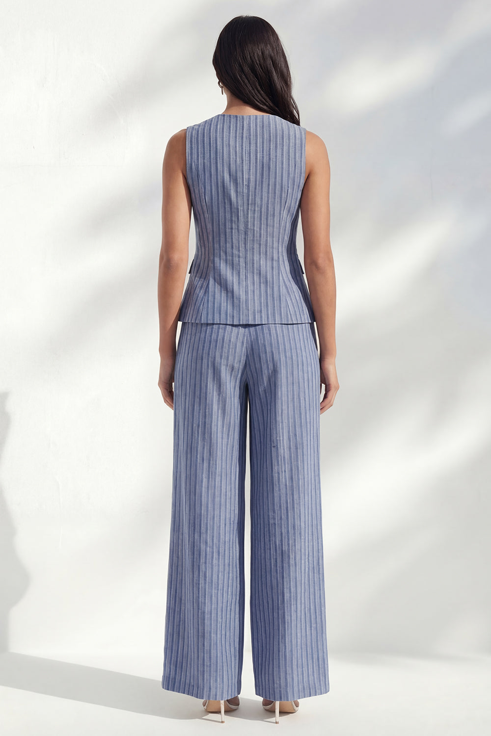 Dark Blue Stripe Crew Neck Slim Fit Long Women Suit
