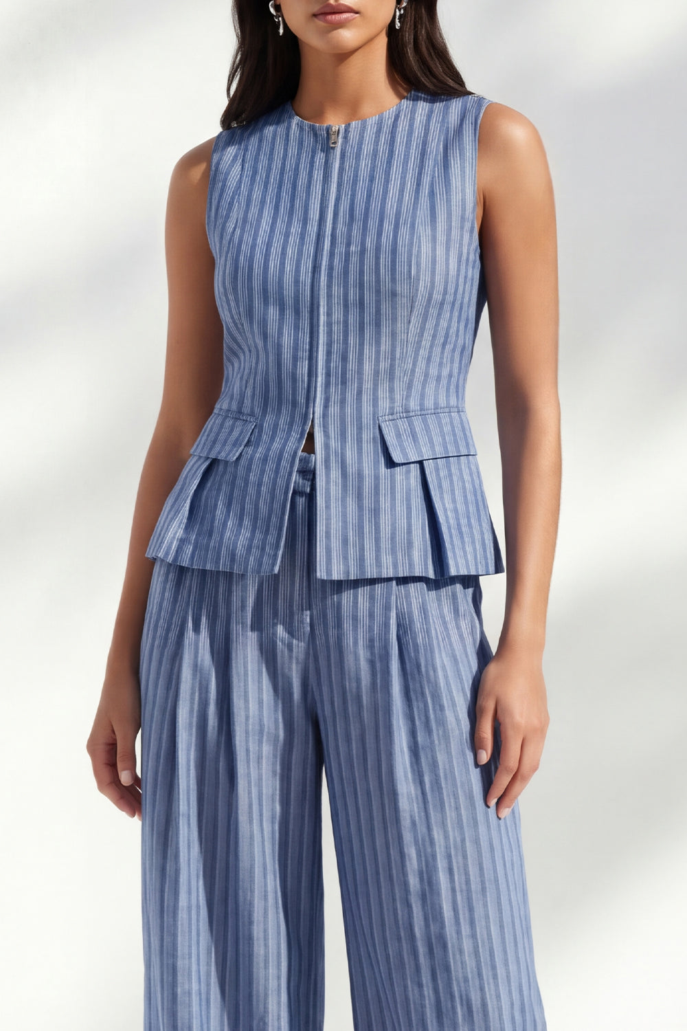 Dark Blue Stripe Crew Neck Slim Fit Long Women Suit