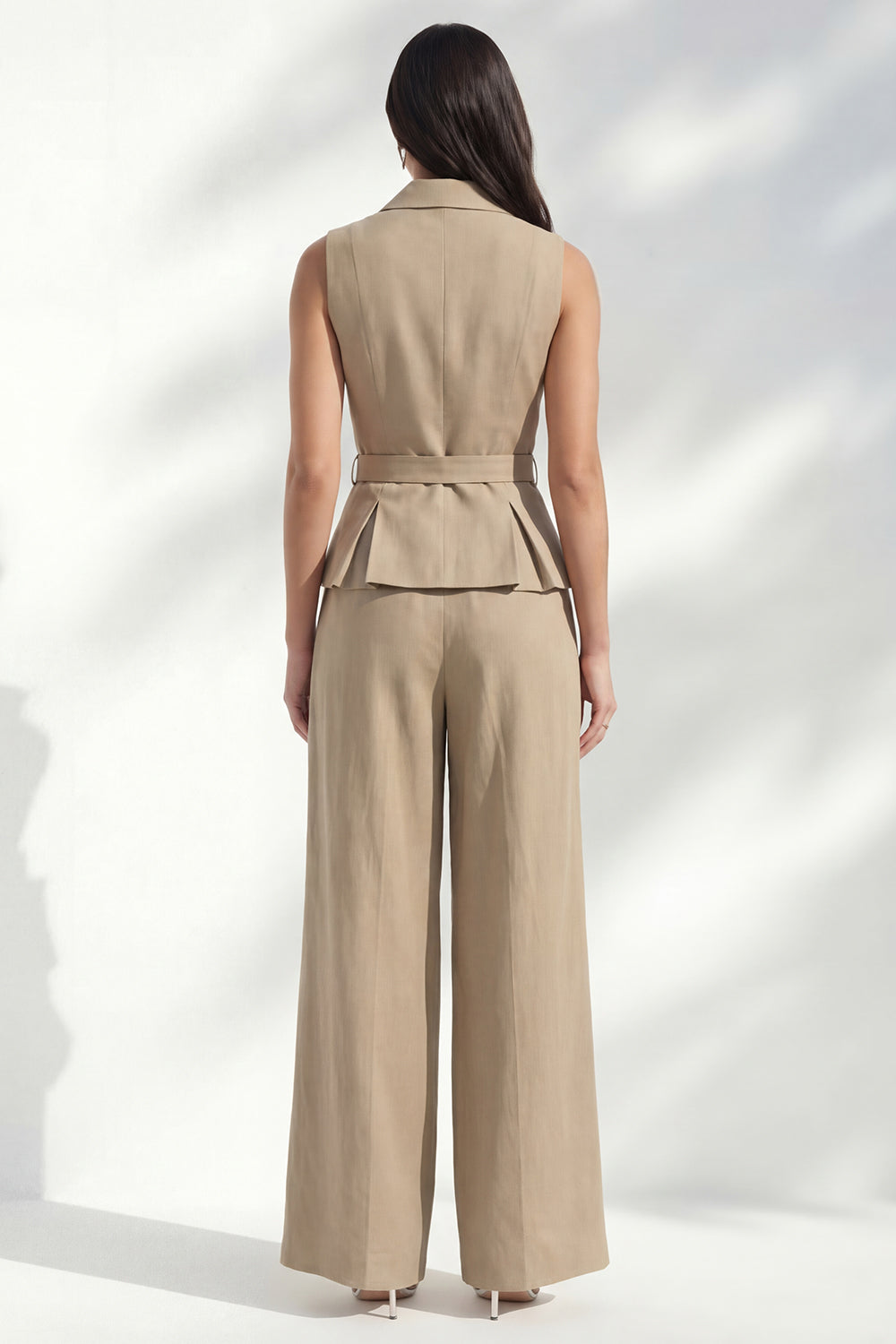 Khaki Notched Lapel Double Breasted Long Slim Fit Women Suit with Belt