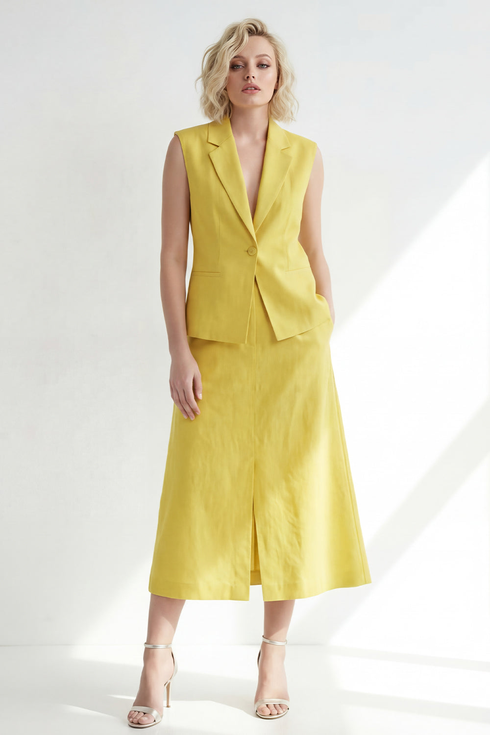 Butter Yellow Notched Lapel One Button Slim Fit Midi Work Dress with Slit