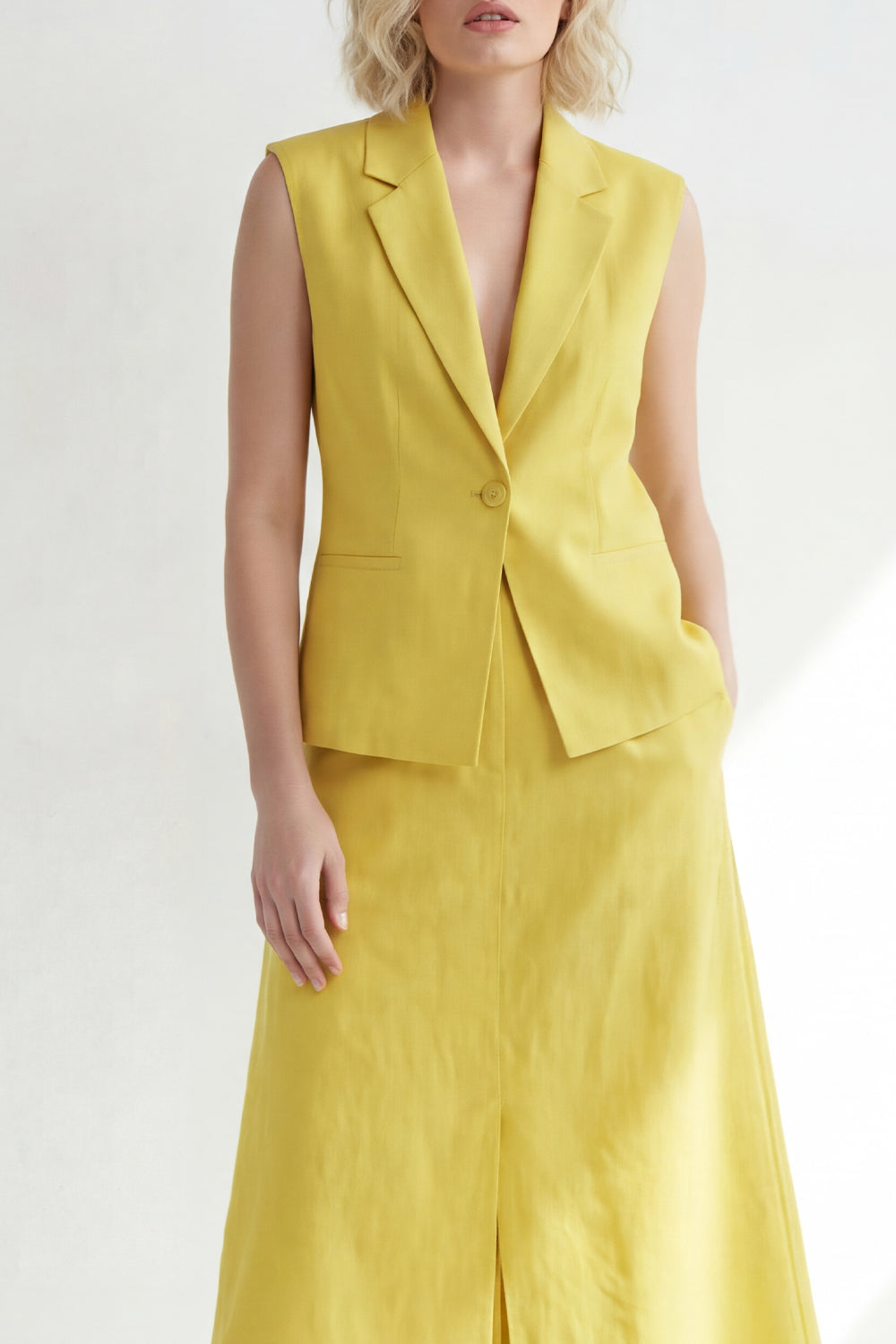 Butter Yellow Notched Lapel One Button Slim Fit Midi Work Dress with Slit