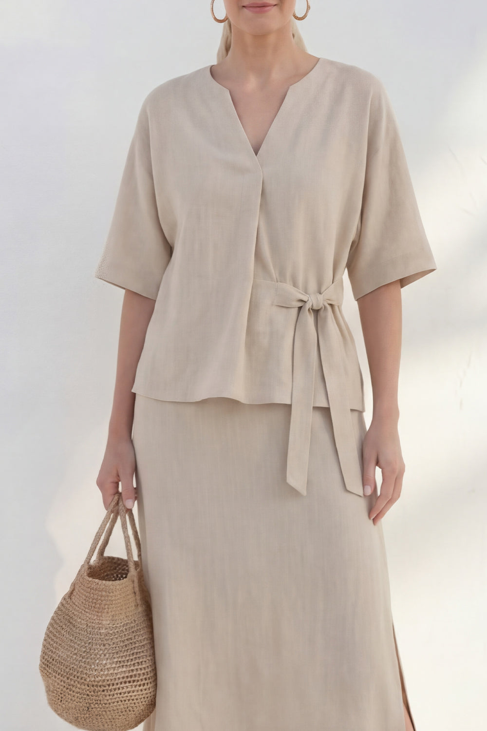Khaki V-Neck Sheath Short Sleeves Midi Bow Work Dress with Slit
