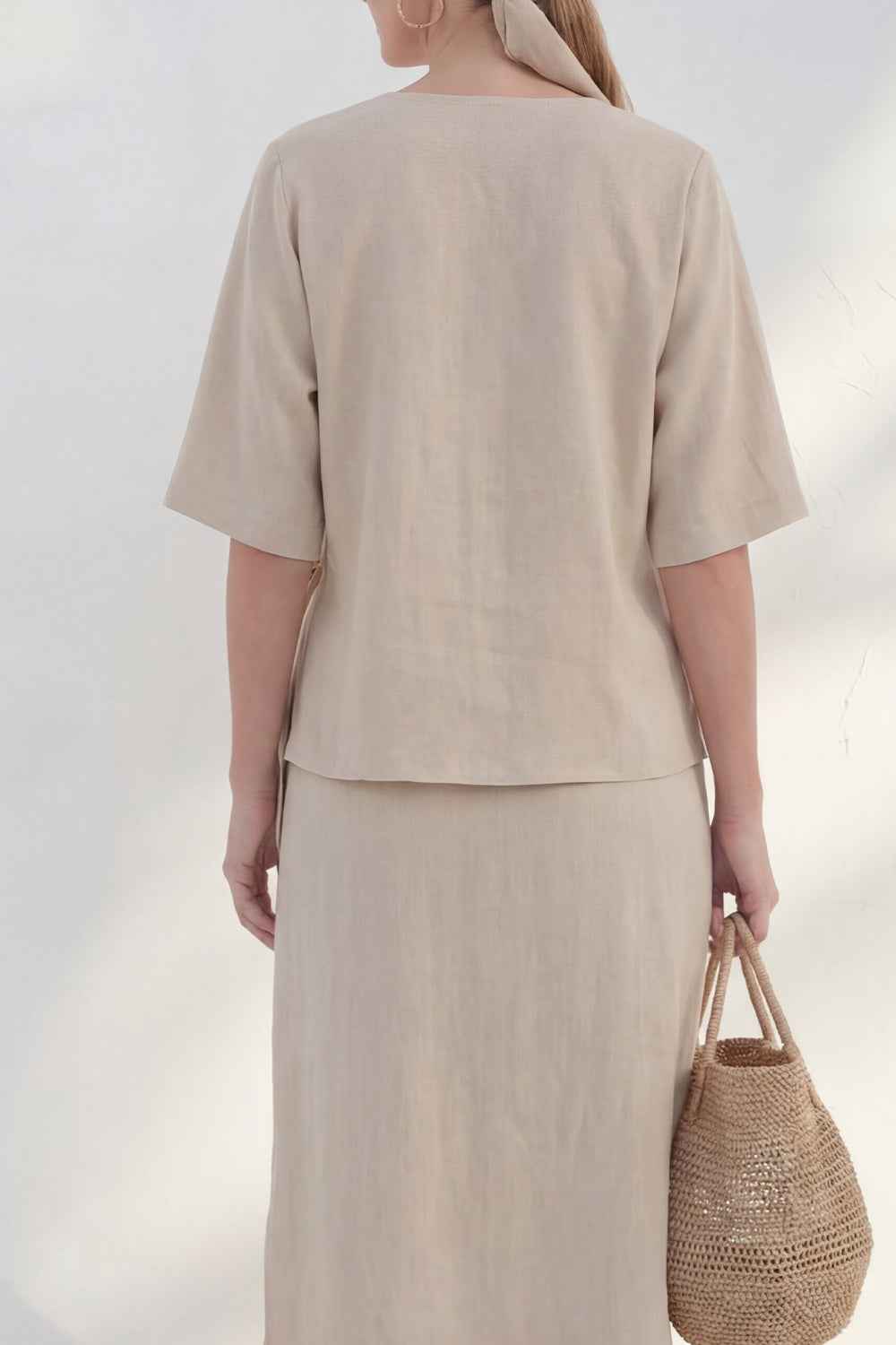 Khaki V-Neck Sheath Short Sleeves Midi Bow Work Dress with Slit