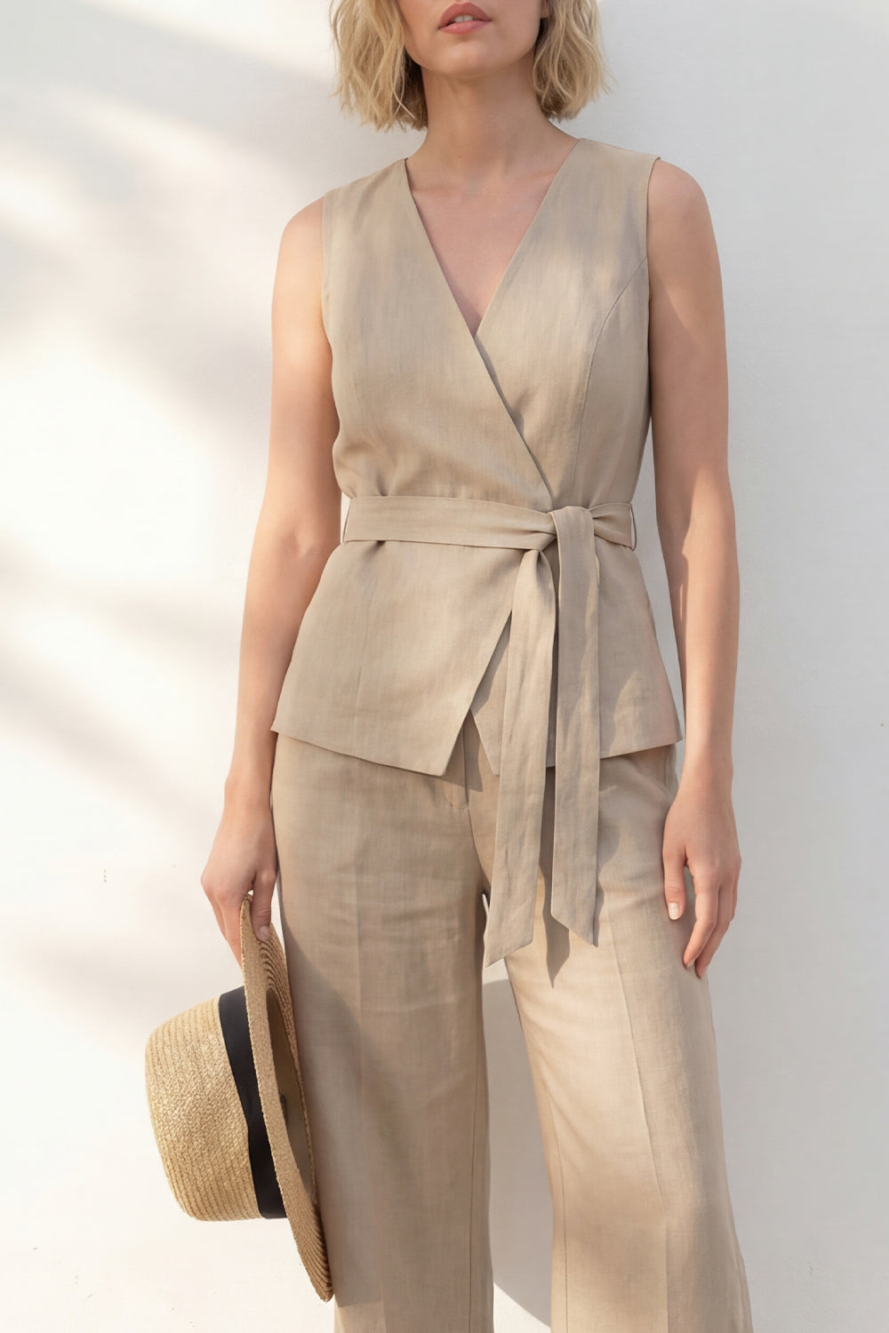 Costume Femme Kaki Col en V Ajusté avec Ceinture