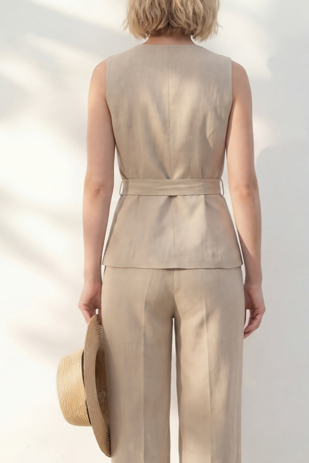 Costume Femme Kaki Col en V Ajusté avec Ceinture