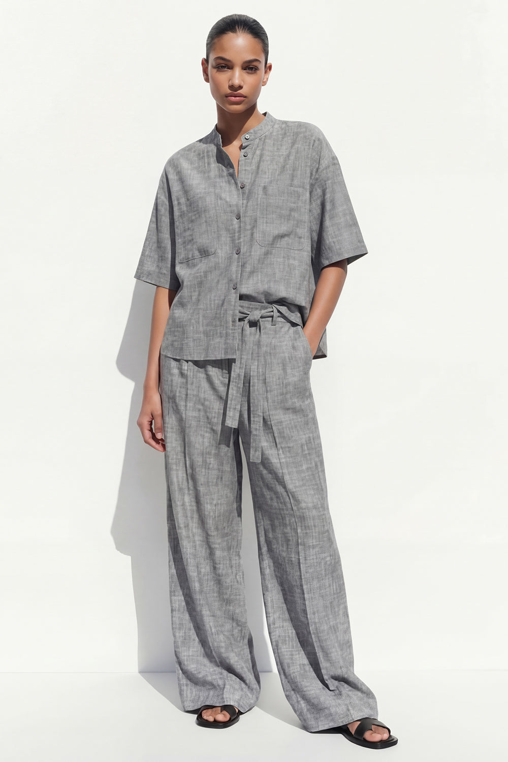Grey Crew Neck Single Breasted Long Women Suit with Belt